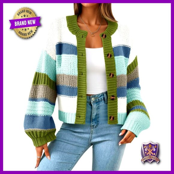 Sweaters - Striped Chunky Cardigan Oversized Button Up Knit Sweater Coats Y2K Trendy
